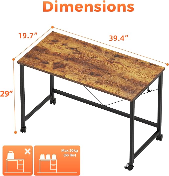 Mericonia 39x20 Inch Computer Desk with Wheels, Small Simple Rolling Desk | Writing Table for Home Office Bedroom Work Study, Brown