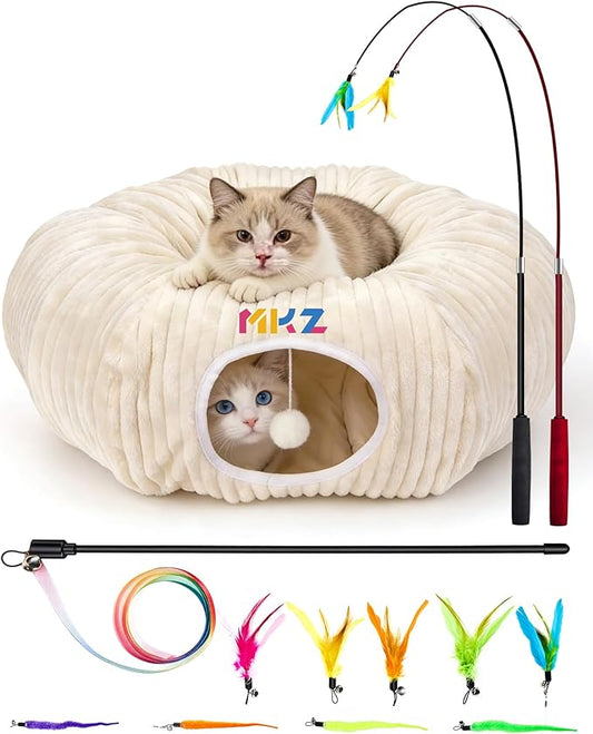 Cat Tunnel for Indoor Cats - Collapsible Foldable Play Tunnel with Cat Toys for Kittens & Rabbits, Fun Interactive Pet Toys for Enrichment & Hiding, Large Durable Crawl Tube for Playtime and Exercise