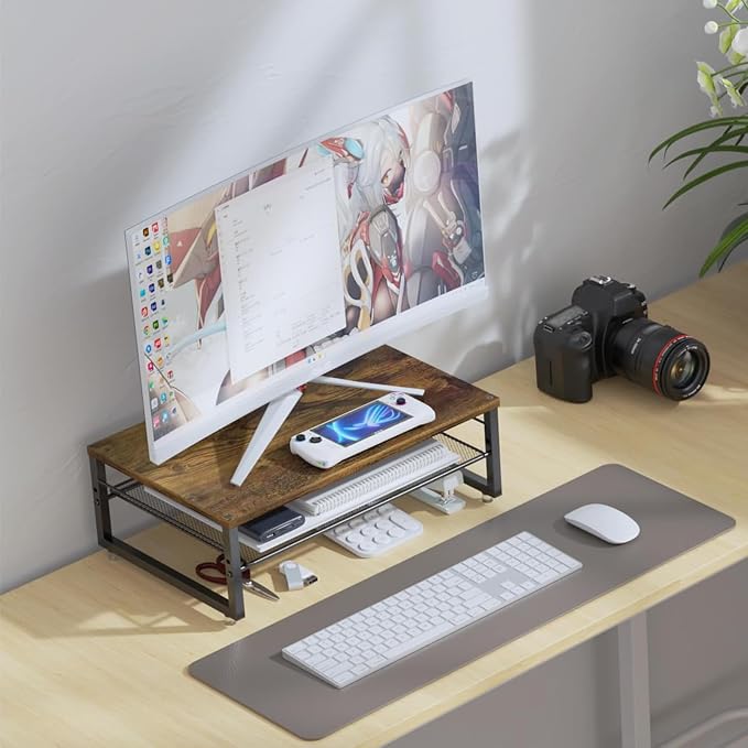 gianotter 2-Tier Metal Monitor Stand Riser, Desk Organizer for Monitor, Office Desk Storage Organizer for Office Supplies (Wood)