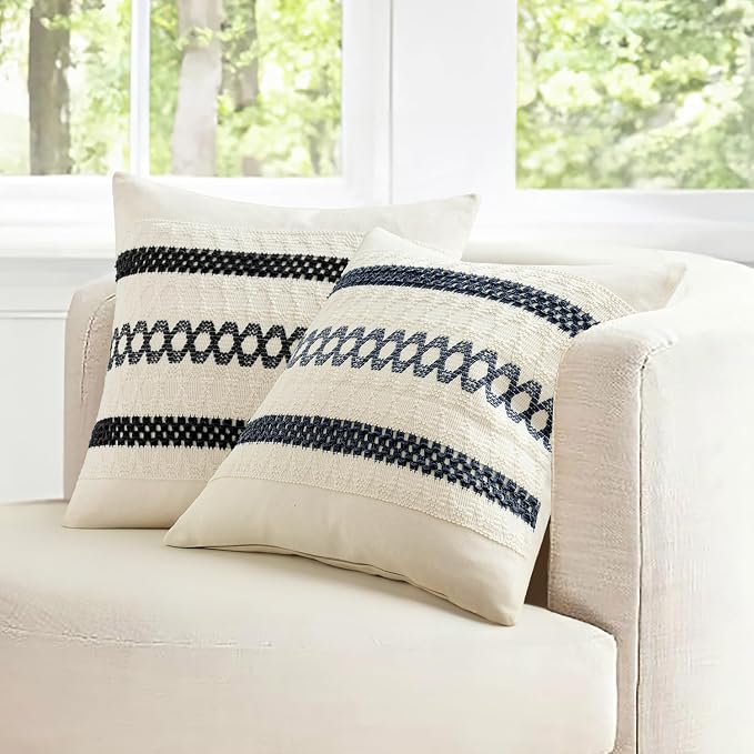 MIULEE Set of 2 Navy Blue Boho Decorative Lumbar Pillow Covers 12x20 Inch | Farmhouse Couch Throw Pillows, Modern Coastal, Cotton Cushion Covers, Macrame Woven Home Decor for Bed Sofa Chair