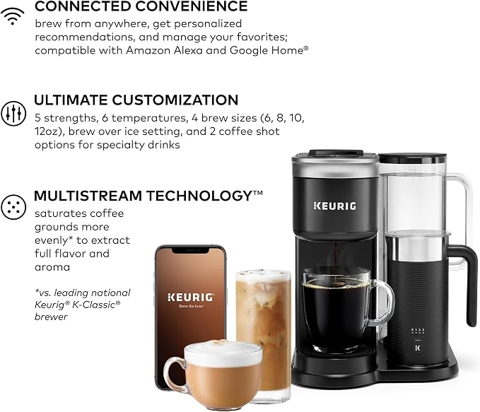 Keurig K-Café SMART Single Serve Coffee Maker with WiFi Compatibility, Latte and Cappuccino Machine with Built-In Frother, 6 Brew Sizes, Black | WIFI Brewid Smart Brewing, Built-in Milk Frother for Lattes and Cappuccinos, 6 Brew Sizes, K-Cup Pod Compat...