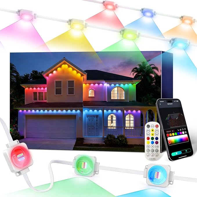 Permanent Outdoor Lights 50FT, Smart RGB+IC Eave Lights with Remote APP Control, DIY LED Color Individual, White & Colorful Christmas String Light, IP67 Waterproof for House Outside Decor