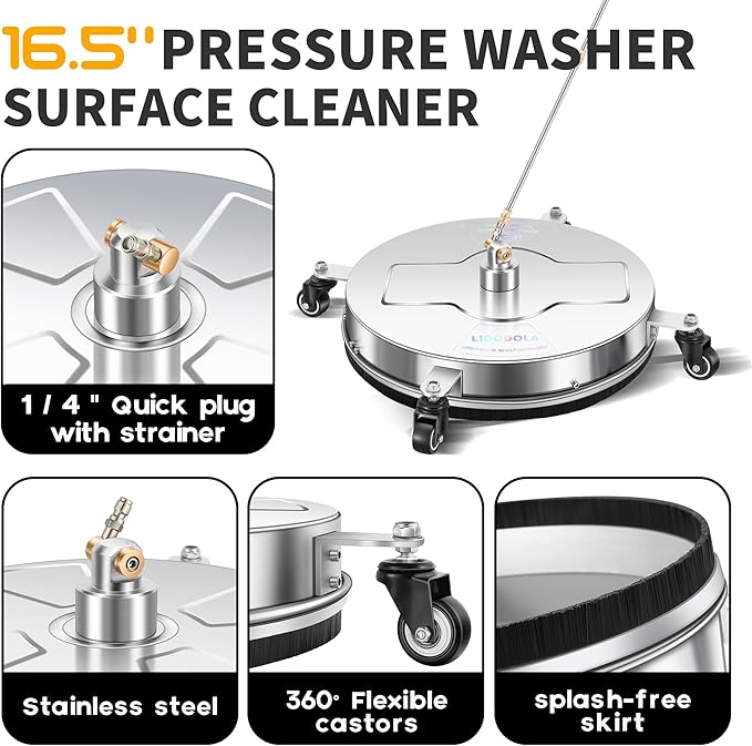 16.5" Pressure Washer Surface Cleaner with 4 Wheels - Stainless Steel Surface Cleaner for Pressure Washer Attachment for Concrete, Driveway, Patio, Sidewalk, Deck and Daily Washing - PWS16.5