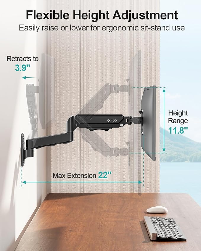 MOUNT PRO Monitor Wall Mount for 13 to 32 Inch Computer Screens, Single Monitor Mount with Tilt/Swivel/Rotation Adjustable, Gas Spring Wall Arm Holds up to 19.8lbs, Vesa Wall Mount 100x100