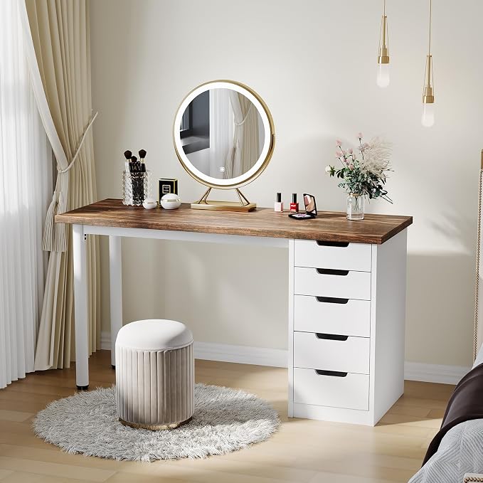 Garvee Computer Desk with 5 Drawers, 47 Inch Modern Simple Study Writing Desk with Storage, Rustic Home Office Desk, Reversible Computer Desk for Small Spaces, Apartments, Dorms, Brown+White
