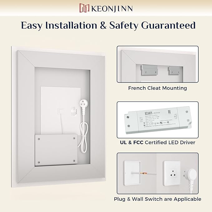 Keonjinn 48 x 24 Inch LED Bathroom Mirror with Lights, Bighter Frontlit & Backlit Vanity Mirror with Stepless Dimmable 3-Color, Anti-Fog Mirror for Wall, HD Tempered Glass, Memory Founction, CR90+