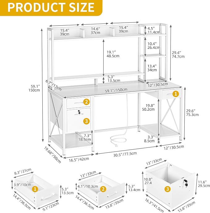 DWVO Computer Desk with Drawers & Hutch, 59.1" Office Desk with Power Outlets & LED Lights, Home Office Desk with Storage Shelves, White | Built-In Power Outlets, Led Lights, Hutch Shelves, Storage Drawers, for Home Office Work Study, Easy Assembly