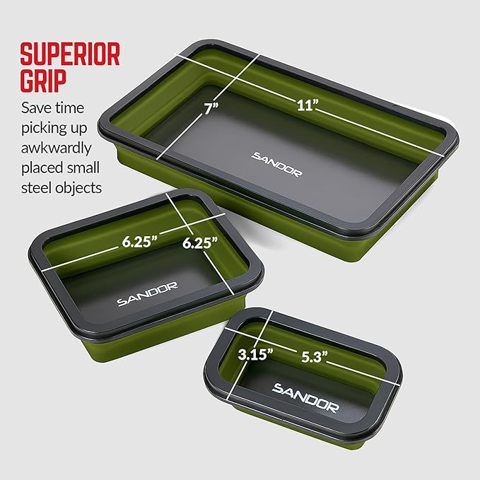 Collapsible Magnetic Parts Tray Set - 3 Different Size Tool Trays for Screw, Bolts, Nuts, Washers, Pins and Other Small Metal Parts, Mechanic Tool Gifts for Men - Olive Green