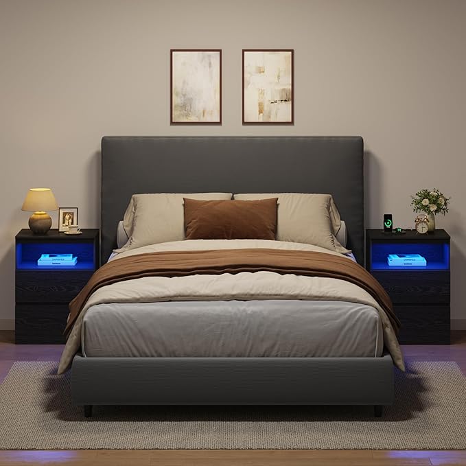Nightstand with Charging Station and LED Light, 26" H with Hidden Drawer, 3 Drawers,Modern Night Stand for Bedroom, Black