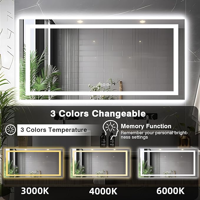 72"x36" Bathroom Mirror with Lights (Front and Backlit), Anti-Fog LED Lighted Bathroom Mirror, Stepless Dimmable Vanity Mirror, 3 Colors Smart Mirror (Horizontal/Vertical)
