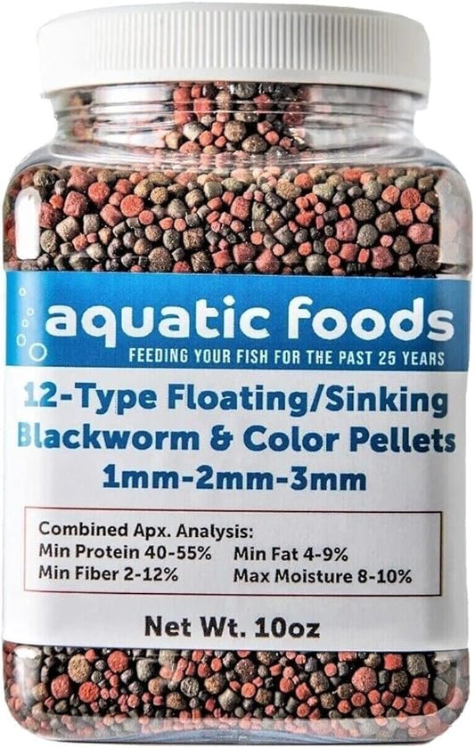 Aquatic Foods Inc. 12-Type Floating & Sinking Blackworm & Intense Coloring 1mm, 2mm, 3mm Pellets for Discus, Cichlids, All Tropicals, Koi and Pond Fish...10oz Small Jar