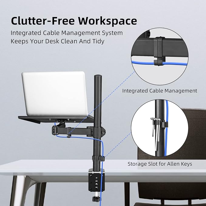 suptek Single Laptop Notebook Desk Mount with Tray for 13-27 inch Computer Screen, Fully Adjustable Laptop Desk Arm for Notebook up to 17’’, Weight up to 15.6 lbs