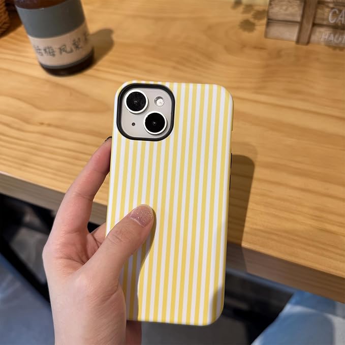 for iPhone 15 Plus/14 Plus Case Striped Cute Aesthetics Phone Case Trendy Protective Shockproof Cover for iPhone 15 Plus/14 Plus Yellow White