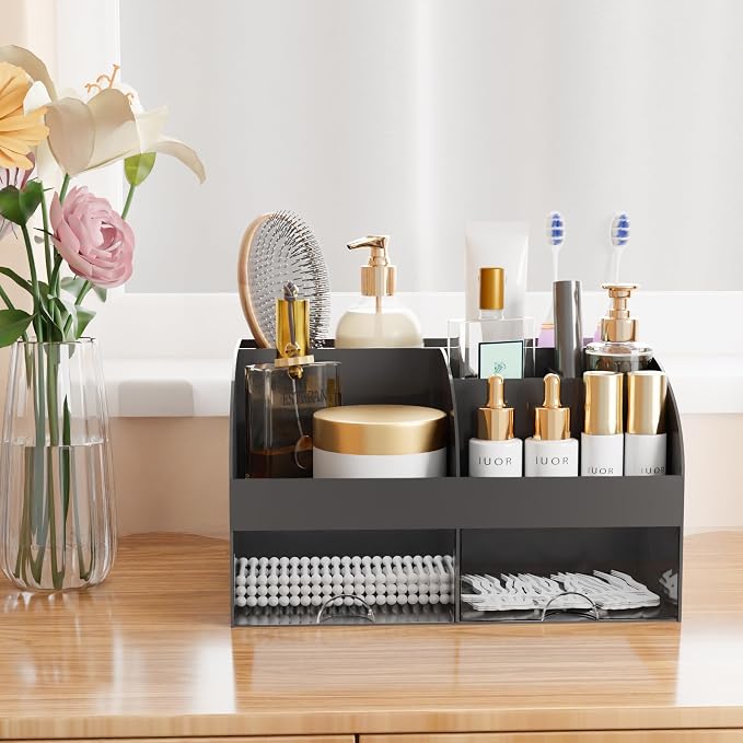 Makeup Organizer with Drawers, Cosmetic Storage for Dresser Vanity and Bathroom Countertop, Beauty Holder for Lipstick Brush, Skincare Organizer for Vanity, Cosmetic Display Case (Black)