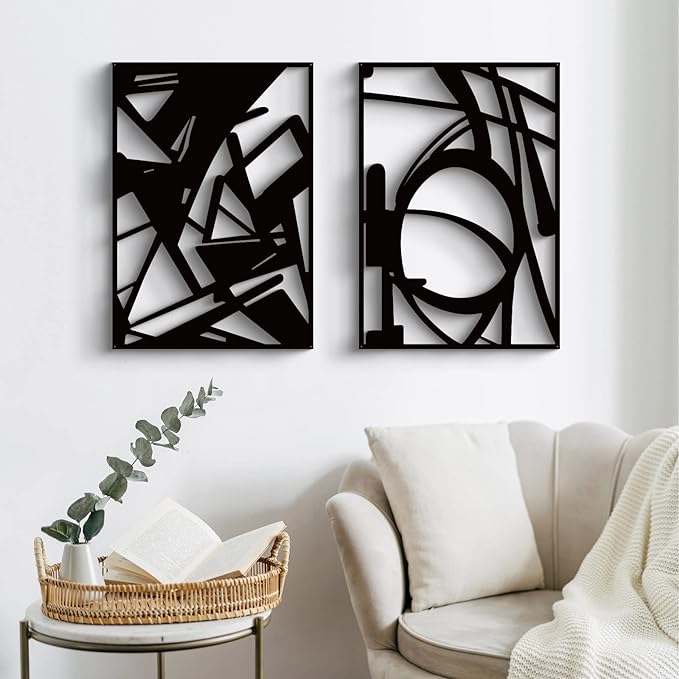 Glamativity Large 4 Pack Black Abstract Metal Wall Art, Minimalist Décor Single Line Art Wall Décor, 3D Textured Metal Wall Sculptures, for Living Room Bedroom Bathroom Study Room (Black, L Size 22.5