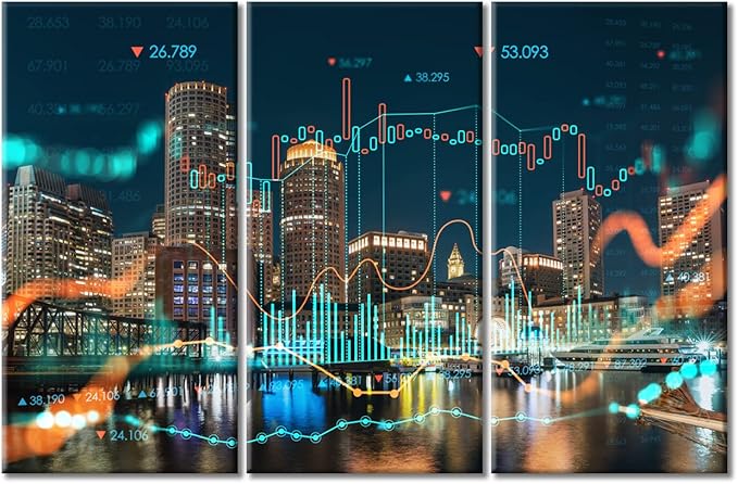 TUMOVO Boston Harbor and Seaport BLVD at Night Canvas Wall Art 3 Pieces Glowing Forex Hraph Hologram Painting Wall Decor for Bedroom Artwork Print on Canvas Framed Ready to Hang (60" Wx40 H)