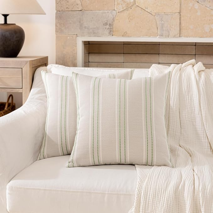 Hckot Stripe Throw Pillow Covers 20x20 Set of 2 Light Green Pillow Covers | Farmhouse Decorative Pillows Textured Linen Square Cushion Covers for Sofa Couch Bed Living Room Decor