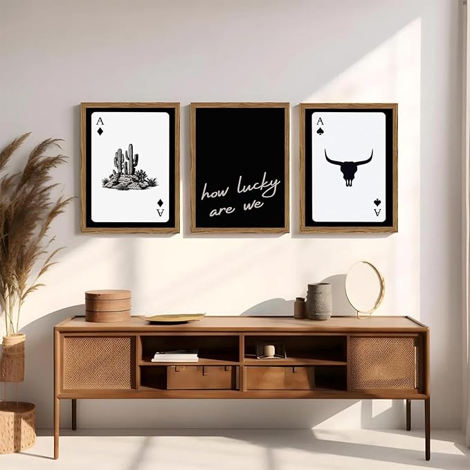Western Wall Art Set of 3, Southwestern Cowboy Playing Card Wall Decor, Longhorn Bull Skull and How Lucky are We Poster Canvas Painting Prints for Bedroom Living Room 12x16 inch Wood Framed