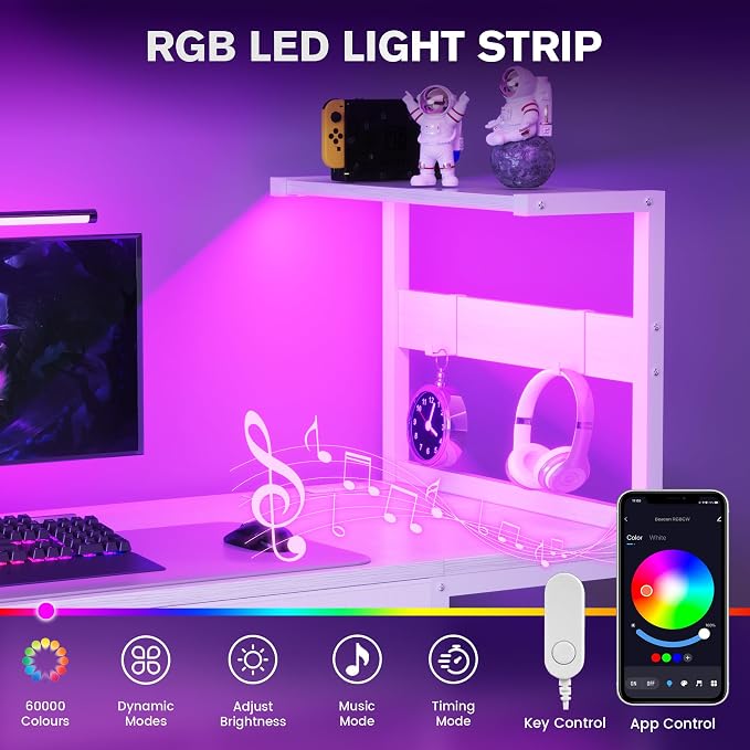 40 Inch Small Gaming Desk with Drawers & Led Lights & Storage Bag, White | Reversible Storage Shelf, Power Outlets, Wood Grain Gaming Table, Compact Computer Desk for Small Space, Bedroom, Home Office