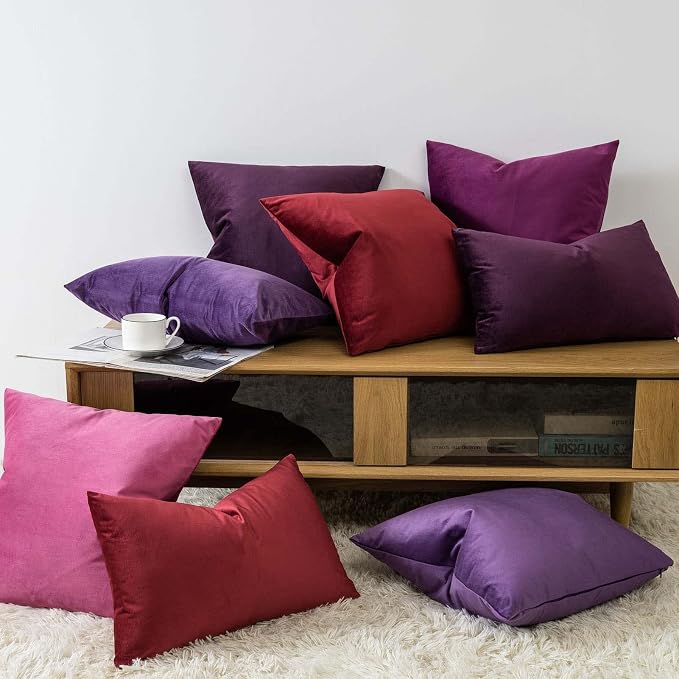 22x22 Velvet Throw Pillow Covers Set of 2 for Couch Bed,Eggplant Purple | JUSPURBET Decorative Pillow Covers with Invisible Zipper for Modern Sofa Living Room Bedroom Home Decor