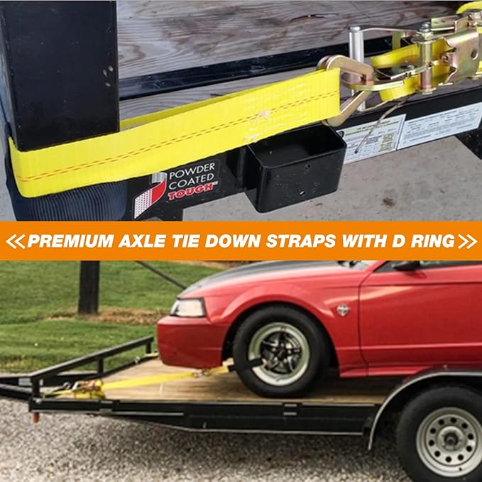 4 Pack 2" x36'' Premium Axle Straps Tie Downs with D-Ring Adjustable Tire Wheel Tie Down with Protective Sleeve Classic Yellow