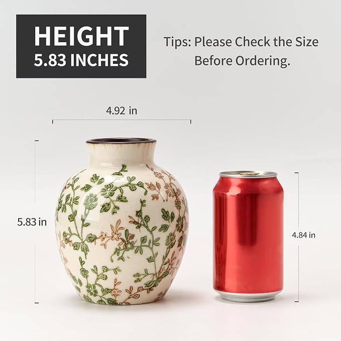 SIDUCAL Ceramic Green and Beige Antique Vase, 5.83 Inch Retro Ice Cracked Chinoiserie Floral Vase, Rustic Farmhouse Vases for Home Decor, Bookshelf, Office, Garden, Chinoiserie Decor, Tuscan Decor