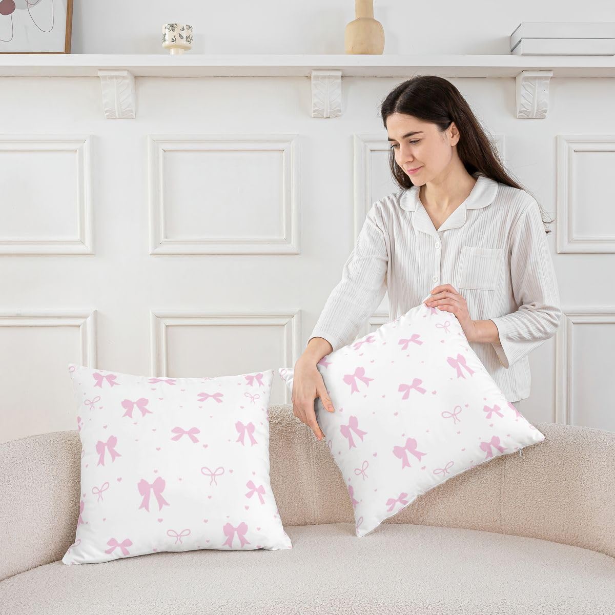 Feelyou Light Pink Bow Throw Pillow Covers 1 Pcs Cute Princess Bowknot Cushion Case Kawaii Love Heart Pattern Decor Pillowcase Indoor Outdoor Super Soft 22 x 22-Inch