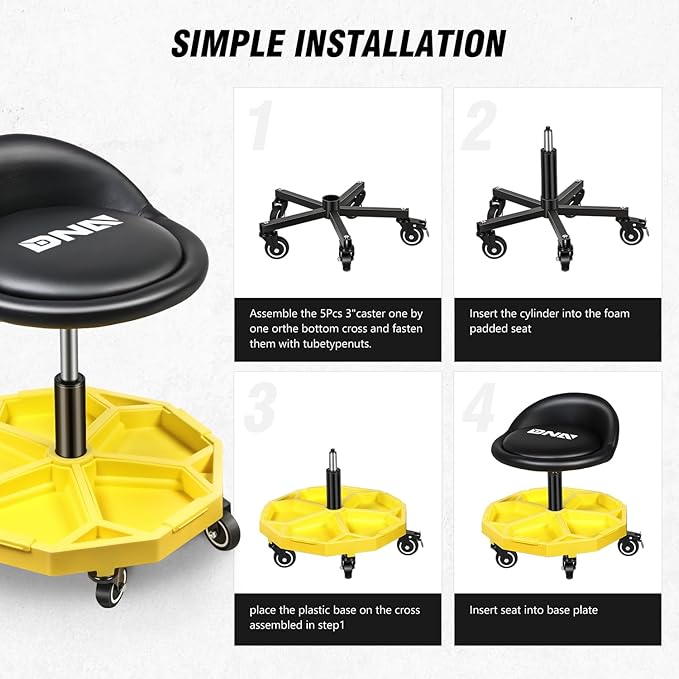 DNA Motoring 350 LBS Rolling Garage Stool, 20.5'' to 25.2'' Adjustable Height Foam-pad Seat, Round Tools Stool, Heavy Duty 3'' Wheels with 2 Brakes, TOOLS-00431