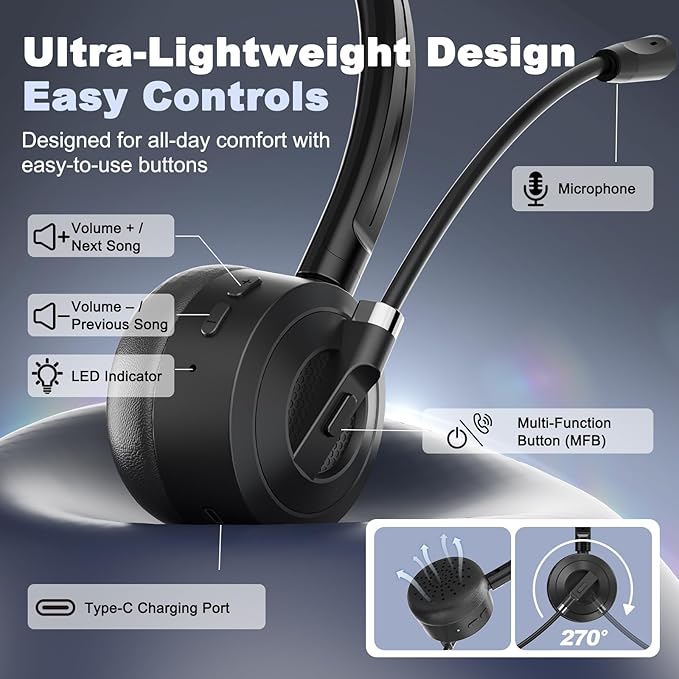 Bluetooth Headset with Microphone, Single Ear Wireless Headset for Cell Phones