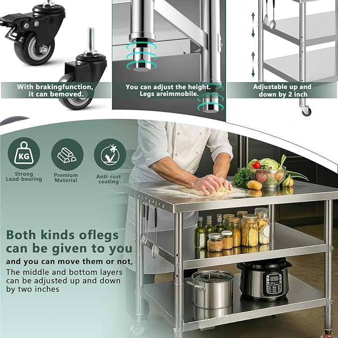 Stainless Steel Table with Wheels for Food Preparation and Work, Multi-Size Optional, Three-Layer Variable Two-Layer Metal Commercial Workbench Outdoor (28" Lx24 Wx34 H)