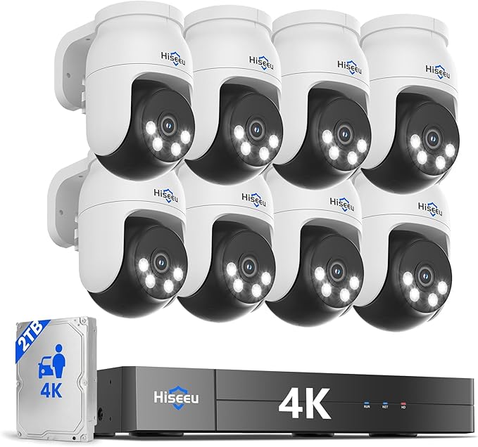 Hiseeu 4K PTZ Wired Security Camera System with 8 x 8MP CCTV Cameras | 360�� Coverage,Smart Color Night Vision,Audio,Person/Vehicle Detection,8MP DVR,2TB HDD for 24/7 Recording,Surveillance DVR Kit