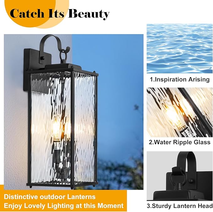 18 Inch Large Outdoor Light Fixture with 2-Light Candelabra, 1-Pack Water Ripple Glass Exterior Lighting Fixture IP65 Waterproof Outdoor Wall Lantern Outside Lamp Carriage Porch Light, E12