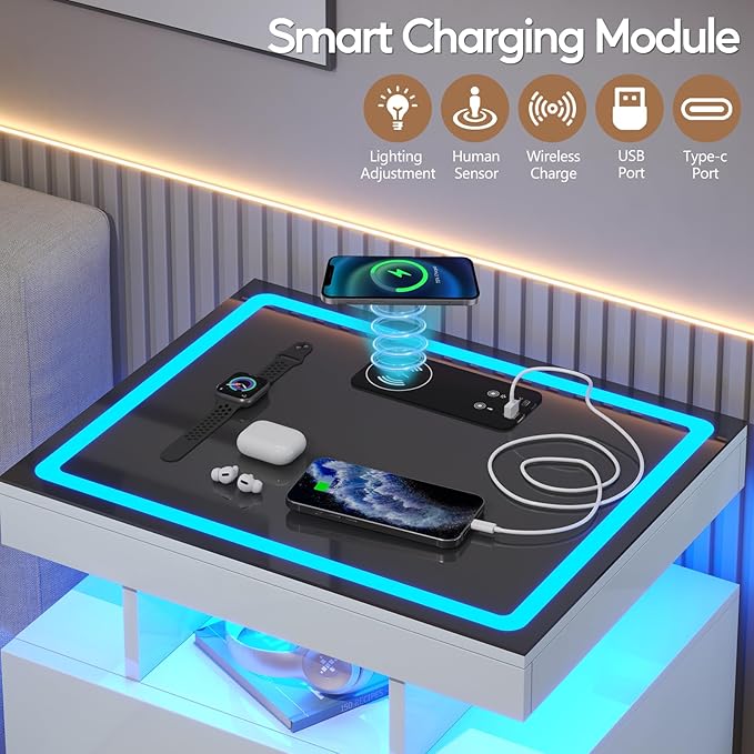 LED Nightstand Set 2 with Wireless Charging Station,White Night Stand with 2 Drawers,Glass Top Smart Bedside Table,Modern End Table Side for Bedroom,Living Room,Office