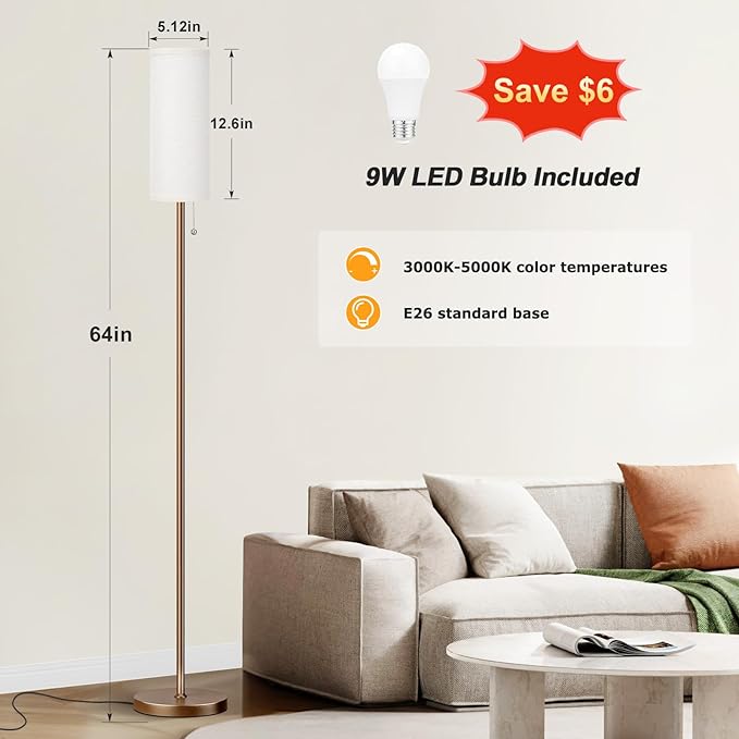 Ambimall Floor Lamp for Living Room with 3 Color Temperatures Bulb, 64" Standing lamp with Linen lampshade for Bedroom, Minimalist Pole Lamp, Dark Beige Shade & Brown Pole