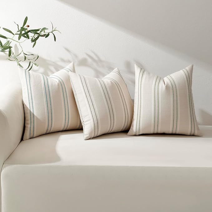 Hckot Stripe Throw Pillow Covers 22x22 Set of 2 Teal Blue Pillow Covers | Farmhouse Decorative Pillows Textured Linen Square Cushion Covers for Sofa Couch Bed Living Room Decor