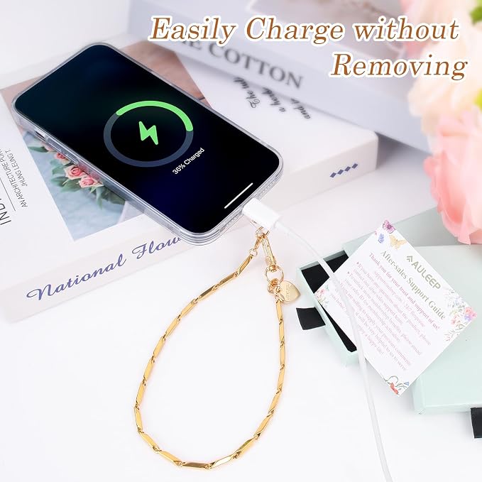 AULEEP Phone Chain Wristlet Gold Phone Charm Wrist Strap,Universal Metal Phone Wristlet with Clear Tether Tab,Anti Theft Phone Strap for Shopping Traveling Party
