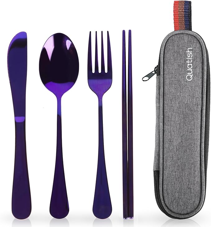 Travel Utensils with Case, Quatish Portable Silverware Set for Work, Stainless Steel Reusable Travel Cutlery Set, Fork and Spoon Set for Camping, EDC Gadgets, Lunch Box for Men, Purple