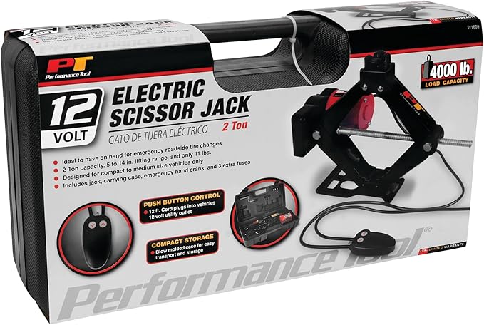 Performance Tool W1609 2-Ton, 4,000 lbs. 12 Volt Remote Controlled Electric Scissor Jack: Efficient and Convenient Automotive Lifting Solution