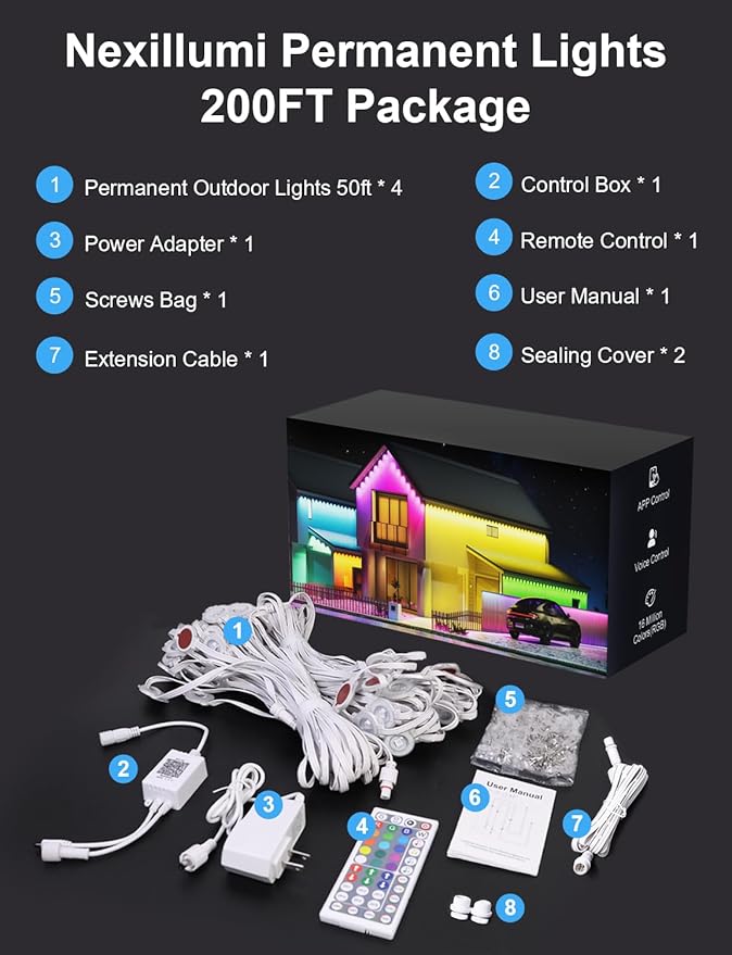 Nexillumi Permanent Outdoor Lights for House, 200ft Smart RGB LED Lights Outside with 16 Million DIY Colors, IP67 Waterproof Eternity Eaves Lighting for Christmas Halloween Holiday Daily Decorations