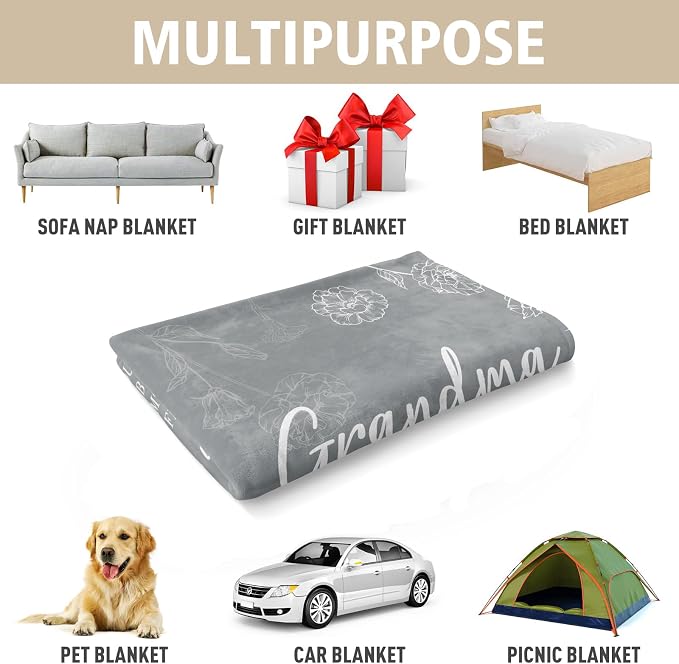 GiltGlimmer Grandma Gifts, Grandma Floral Blanket 80" x 60", Grey | Birthday Gifts for Grandma from Grandkids, to My Grandmother Soft Flannel Throw Blanket for Christmas Mothers Day