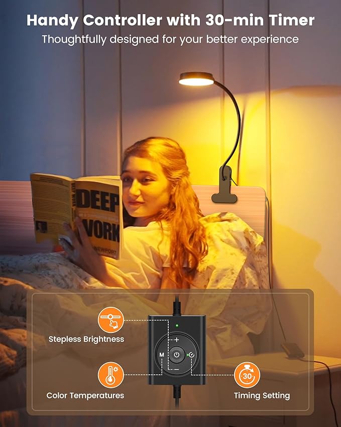 Glocusent 5W Clip on Light, 3 Colors & 5 Brightness Reading Light for Bed | Flexible Gooseneck Clip on Lamp, 30-Min Timer, Reading Lamp, Perfect Desk Lamp for Dorm,Bunk,Bed,Headboard,Table,Work,Craft