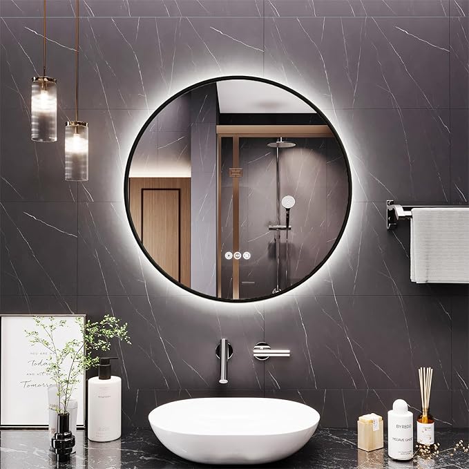 Round Bathroom Mirror with Lights, 32x32 Inch Vanity Mirror with Backlit, Anti-Fog, 3 Colors and Stepless Dimmable Wall Mounted Makeup Mirror with Metal Frame (Black)