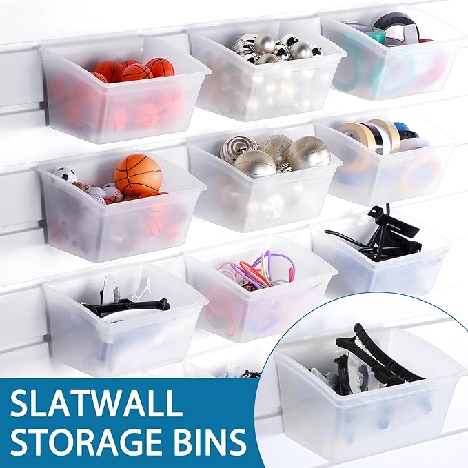 Unittype 12 Pcs Storage Bin Plastic Slatwall Bins for Slatwall Organizer Containers Garage Accessories(Transparent)