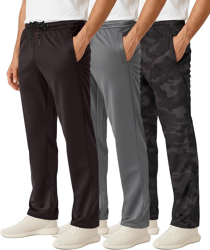 3 Pack Men's Mesh Open Bottom Sweatpants Active Athletic Workout Gym Pocket | Available in Big & Tall, Uncuffed, Elastic Waistband, Drawstring, Straight Leg, Running, Jogging, Exercise, Training, Sports