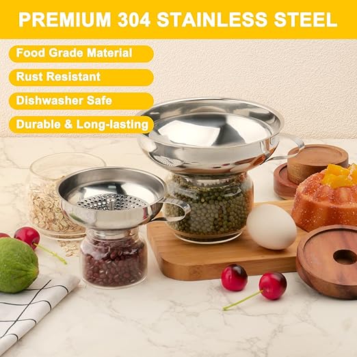 Stainless Steel Canning Funnel with Strainer, 3 Piece Wide & Regular Mouth Jar Funnels Set, Large & Small Metal Funnels with Detachable Umbrella Strainer, for Mason Jars, Jam, Liquids, Dry Goods