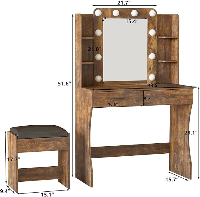 Vabches Vanity Desk with Lights,Makeup Vanity with Power Strip,Dressing Table Set with 2 Large Drawers,Vanity Mirror 3 Lighting Color Adjustable,Rustic Brown