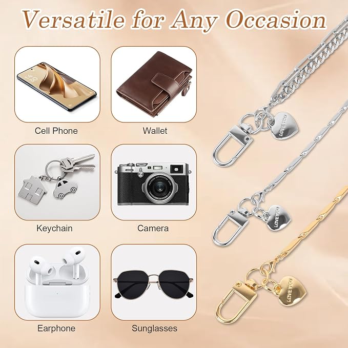 AULEEP Phone Chain Wristlet Strap,Double Metal Phone Charm with Tether Tab,Detachable Cellphone Wrist Strap Universal Silver Hands-free Anti Theft Hand Chain