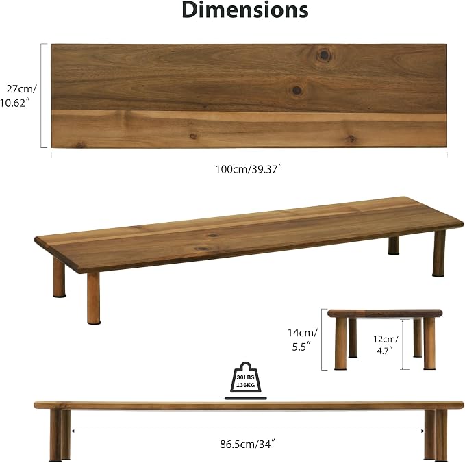 Dual Monitor Stand Riser Acacia Wood, Wooden Desk Monitor Riser for 2 Monitors Supports for Monitor, Printer, Heavy TV Riser up to 130 lbs