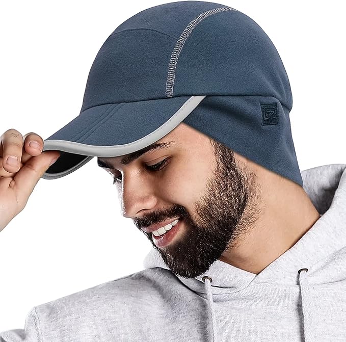 GADIEMKENSD Fleece Ball Cap with Drop Down Ear Warmer, Foldable Brim, Reflective Winter Run Hat Unisex