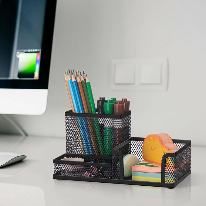 Comix Mesh Pen Holder, Desk Organizer for Home Office, Black | 3 Compartment Pencil Holder, Sticky Notes Holder, Pen Organizer Office Supplies